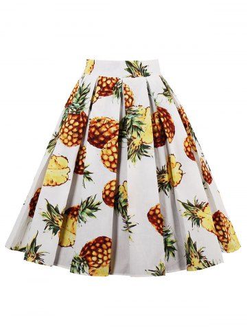 WHITE Pineapple Print High Waisted Pleated Skirt 2XL Best Pineapple Print High Waisted Pleated Skirt WHITE 2XL