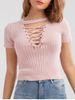 Ribbed Lace-up Knitted Top -  