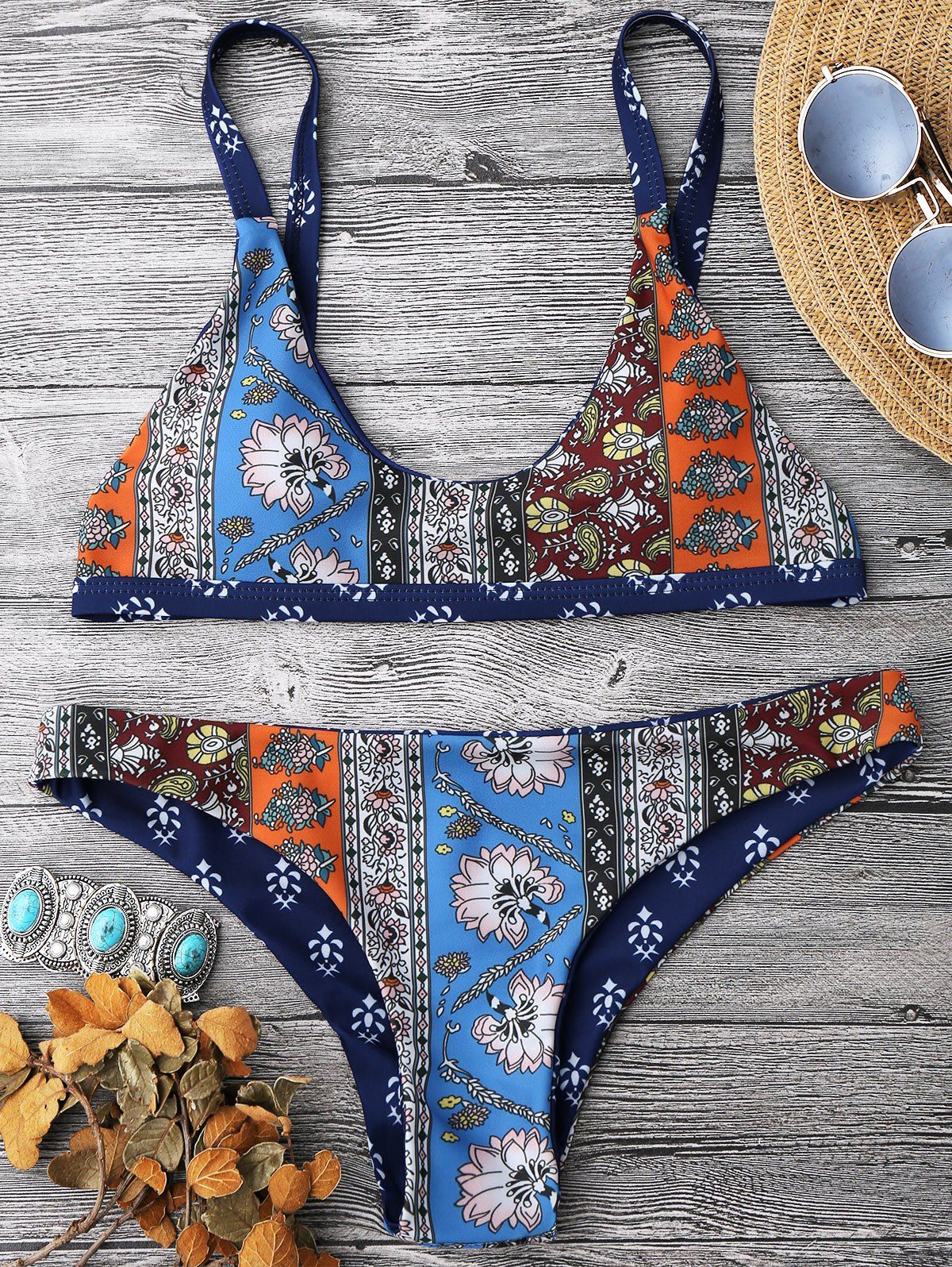 

Patchwork Print Scoop Neck Bikini Set, Blue