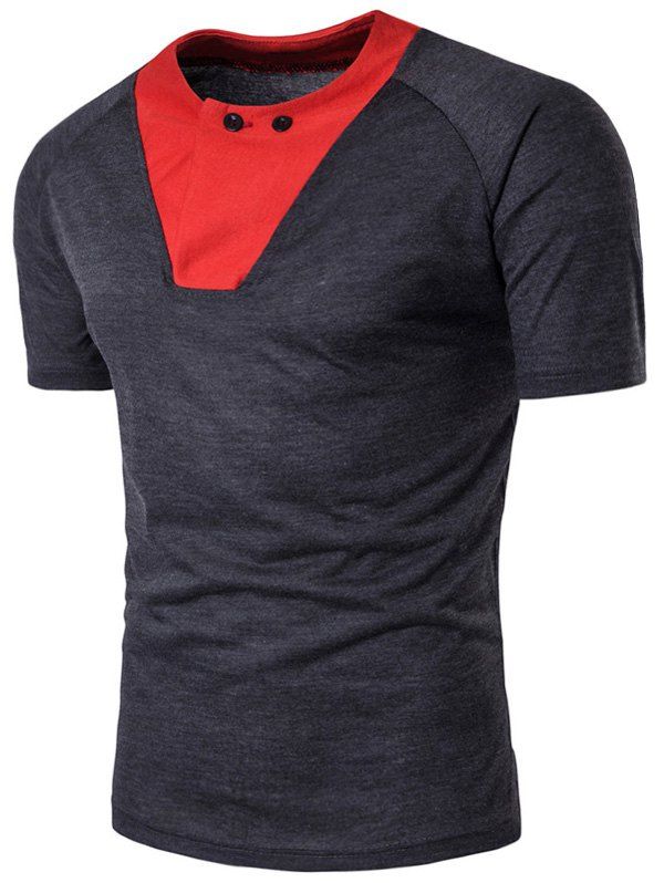 2018 Raglan Sleeve Color Block Panel Button T-shirt In Deep Gray M ...