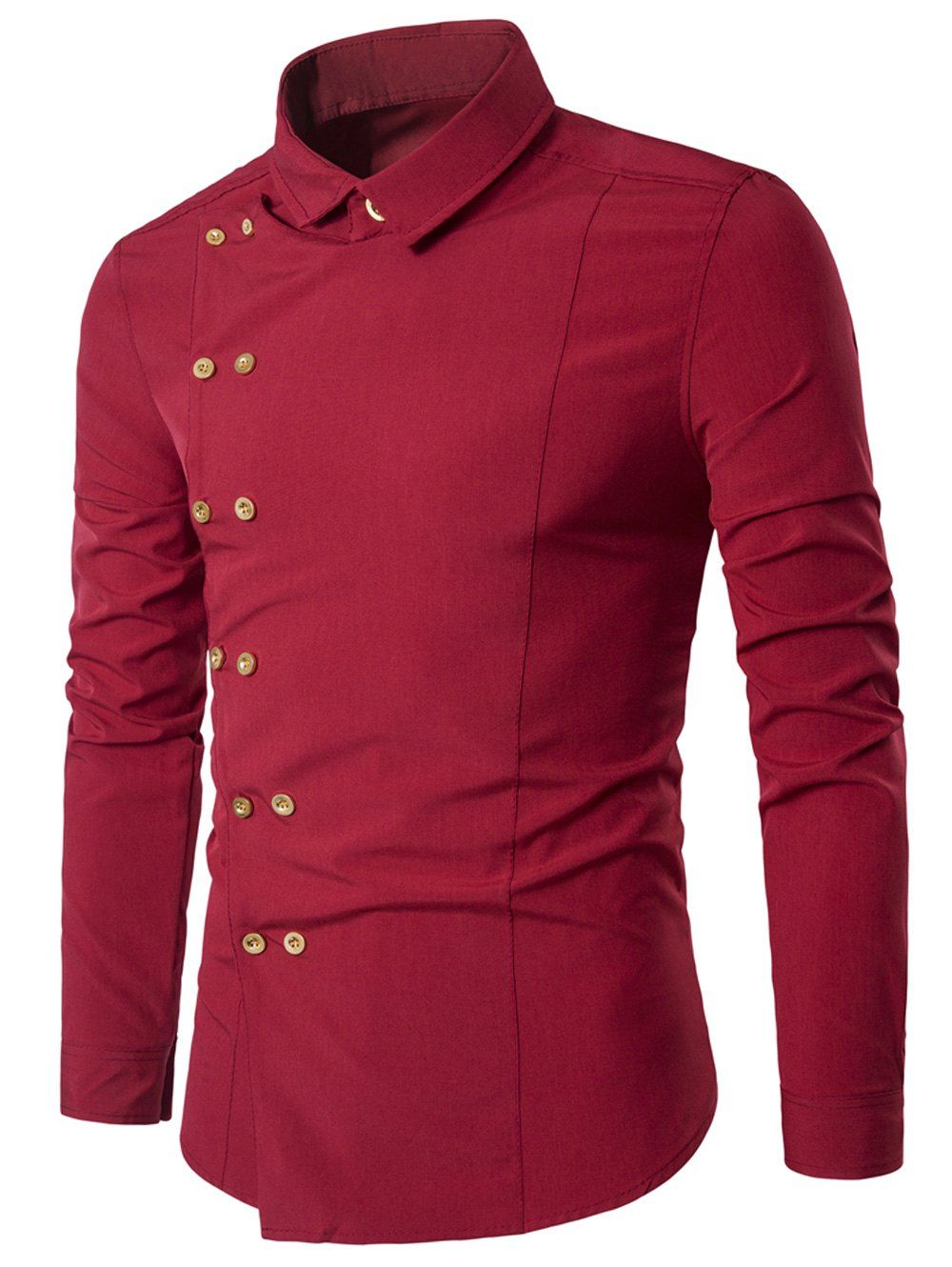 

Double Breasted Turndown Collar Long Sleeve Shirt, Red
