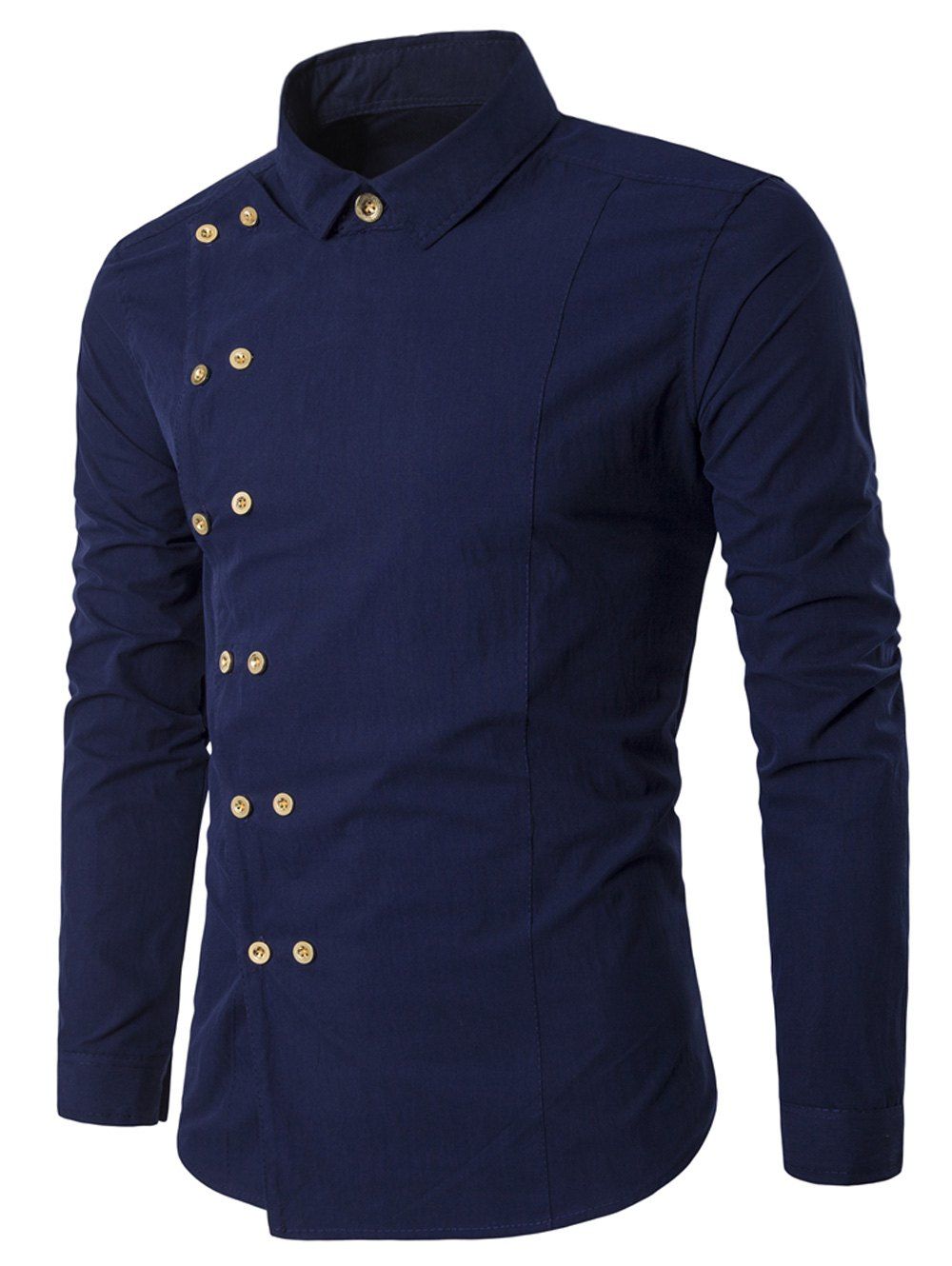 

Double Breasted Turndown Collar Long Sleeve Shirt, Cadetblue