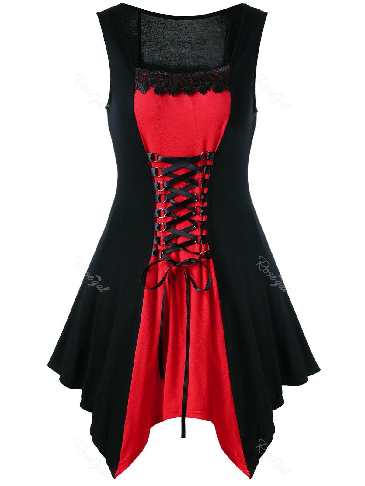

Plus Size Lace Panel Lace Up Short Sleeveless Dress, Red with black