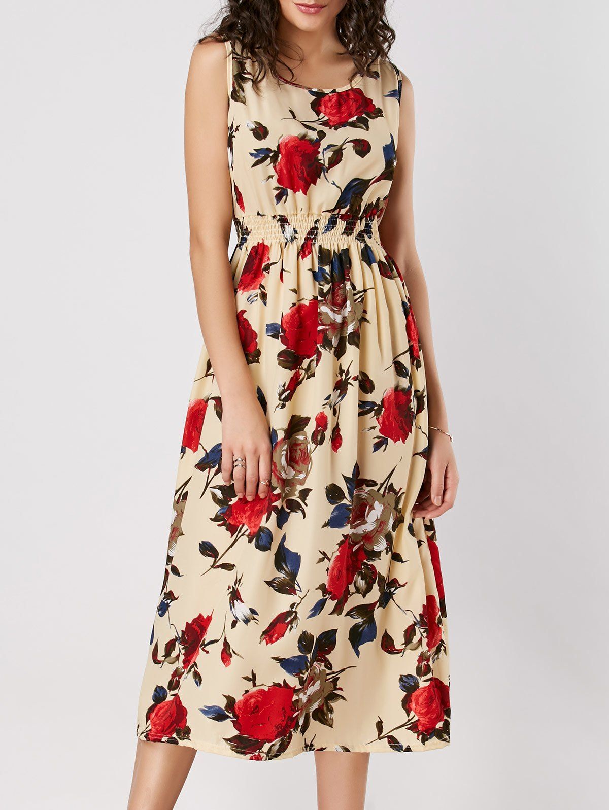 Yellow S High Waist Rose Print Sleeveless Dress