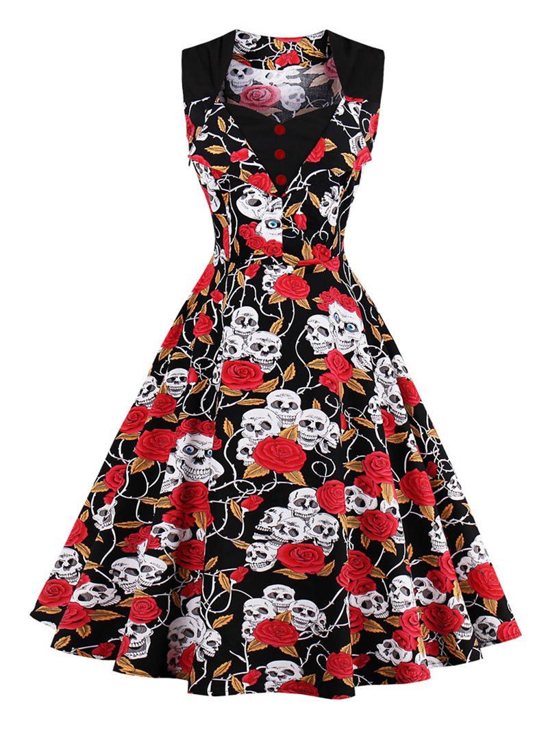 

Skull Print Vintage Skater Dress, Red