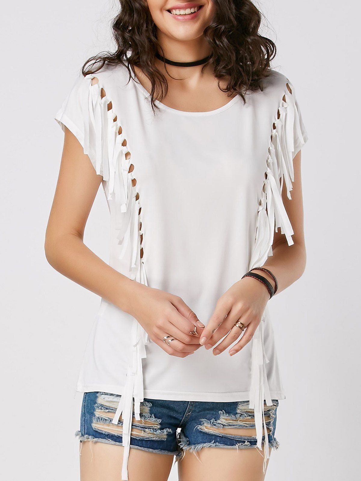 [12% OFF] Mesh Cut Out Fringe Tunic T Shirt | Rosegal