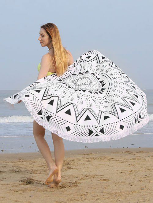 

Geometric Mandala Print Fringe Round Beach Towel, Black white