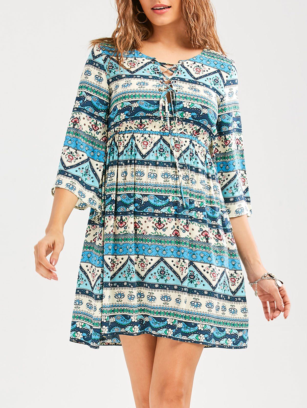 [77 OFF] Geometric Floral Print Empire Waist Casual Dress Rosegal