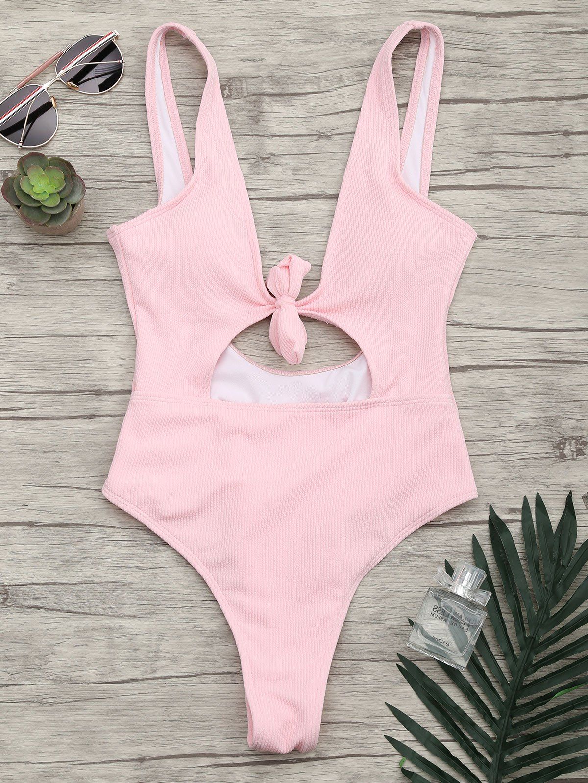 [80 OFF] Onepiece Ribbed Knot Backless Swimsuit Rosegal