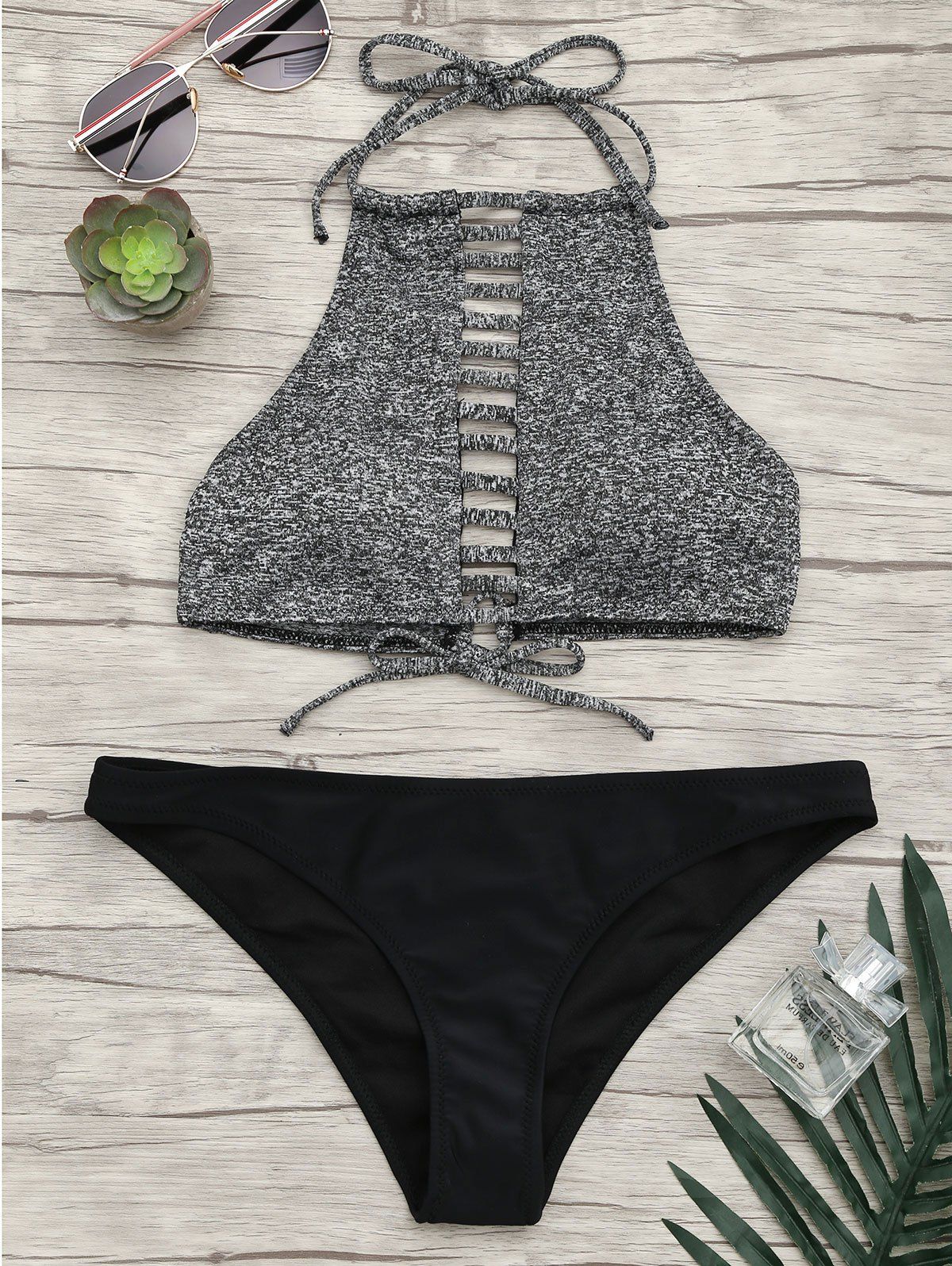 

Halter Ladder Cutout Bikini Set, Gray