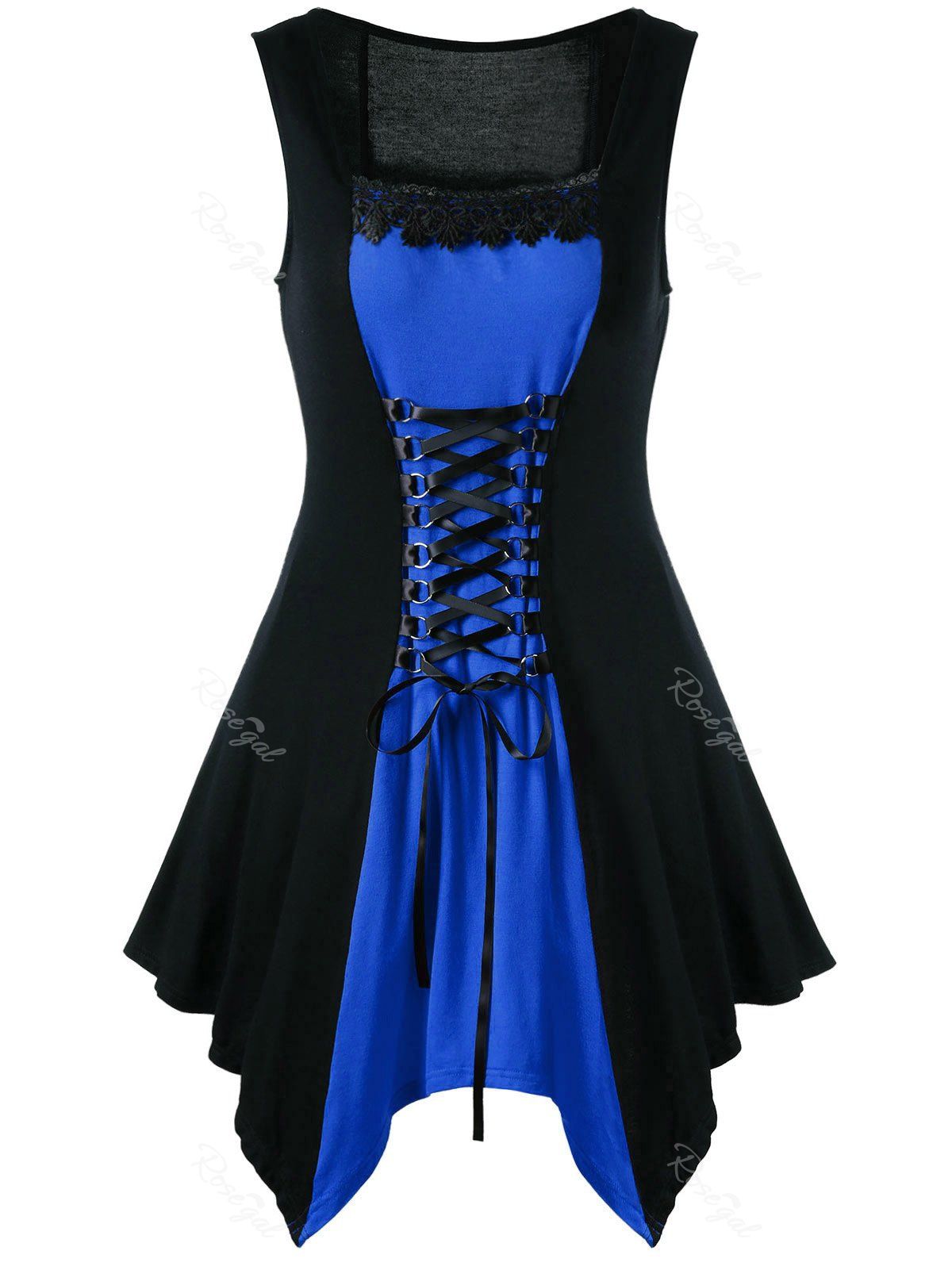 

Plus Size Lace Panel Lace Up Short Sleeveless Dress, Blue