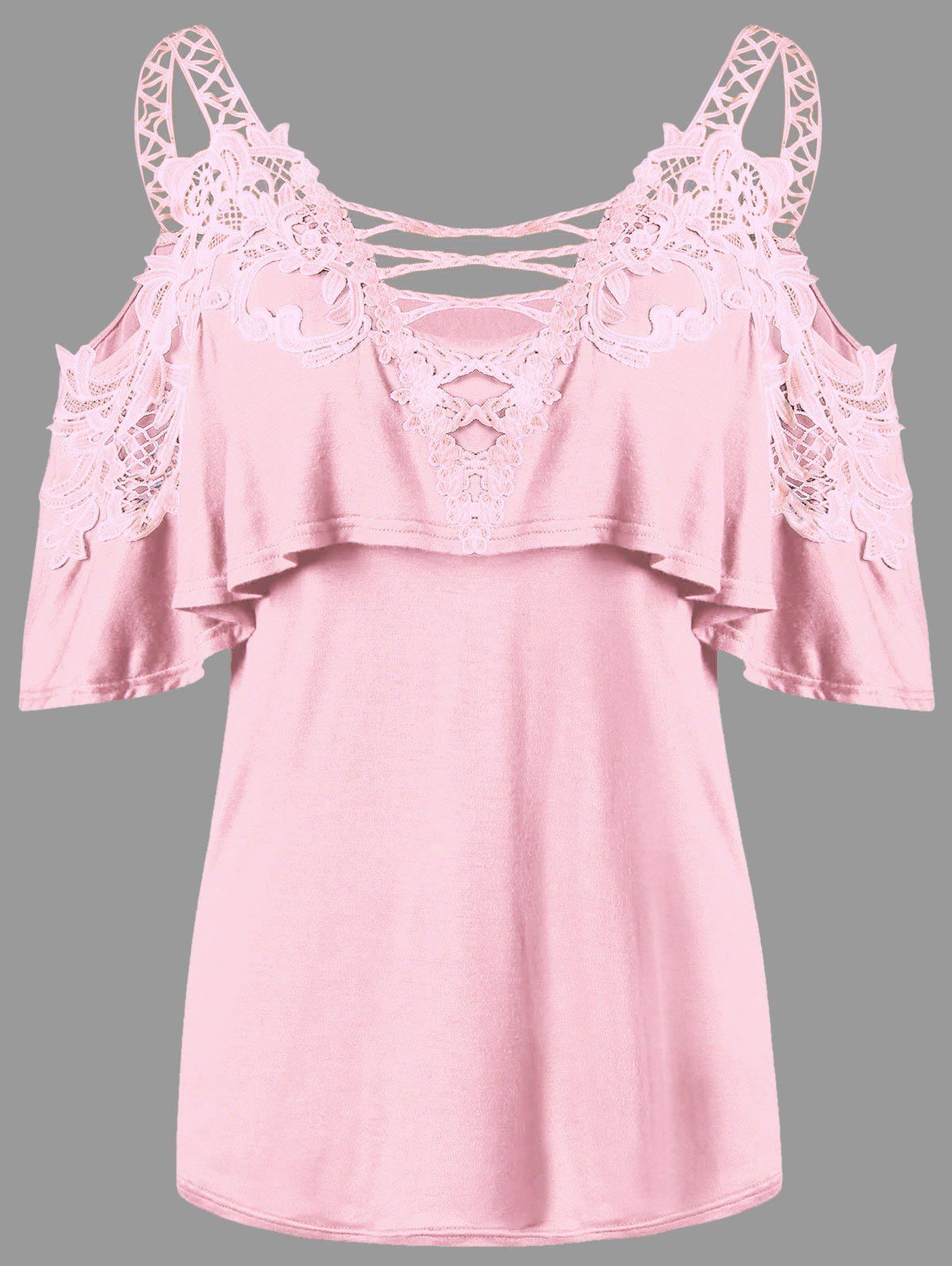 2018 Overlay Dew Shoulder Applique T-shirt In Pink Xl | Rosegal.com