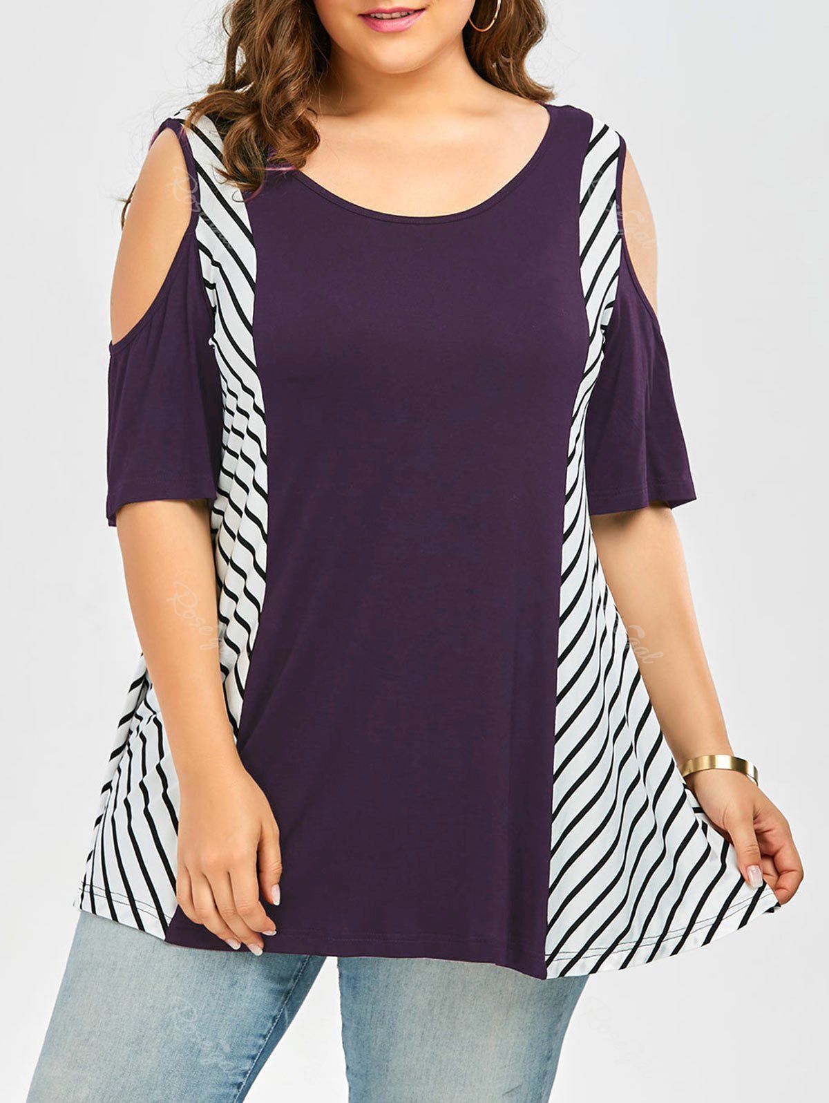 

Plus Size Cold Shoulder Long Striped T-Shirt, Dark violet