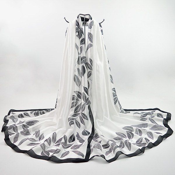 

Imitation Silk Fabric Leaf Printing Smooth Scarf, White