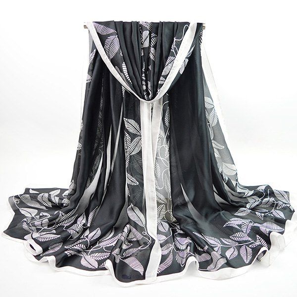 

Imitation Silk Fabric Leaf Printing Smooth Scarf, Black