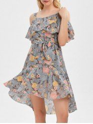 Cold Shoulder Flounce Floral Print Dress -  