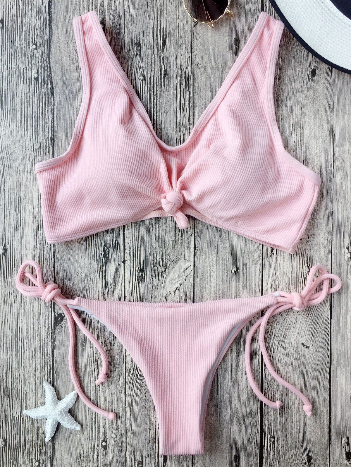 

Knotted Ribbed String Bikini, Pink