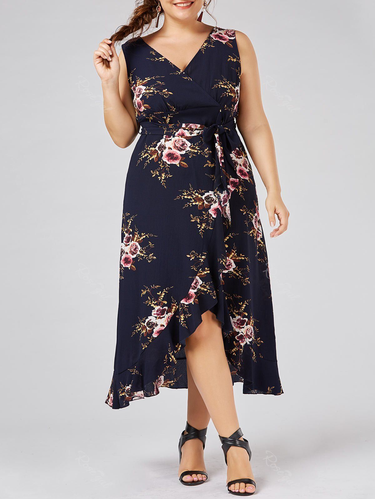 

Plus Size High Low Long Floral Dress, Purplish blue