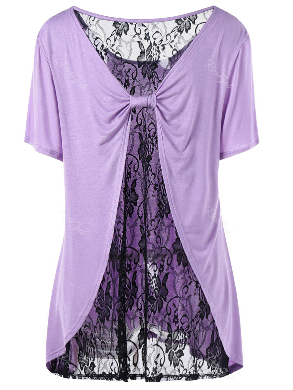 

Plus Size Lace Trim Bow Back T-shirt, Purple