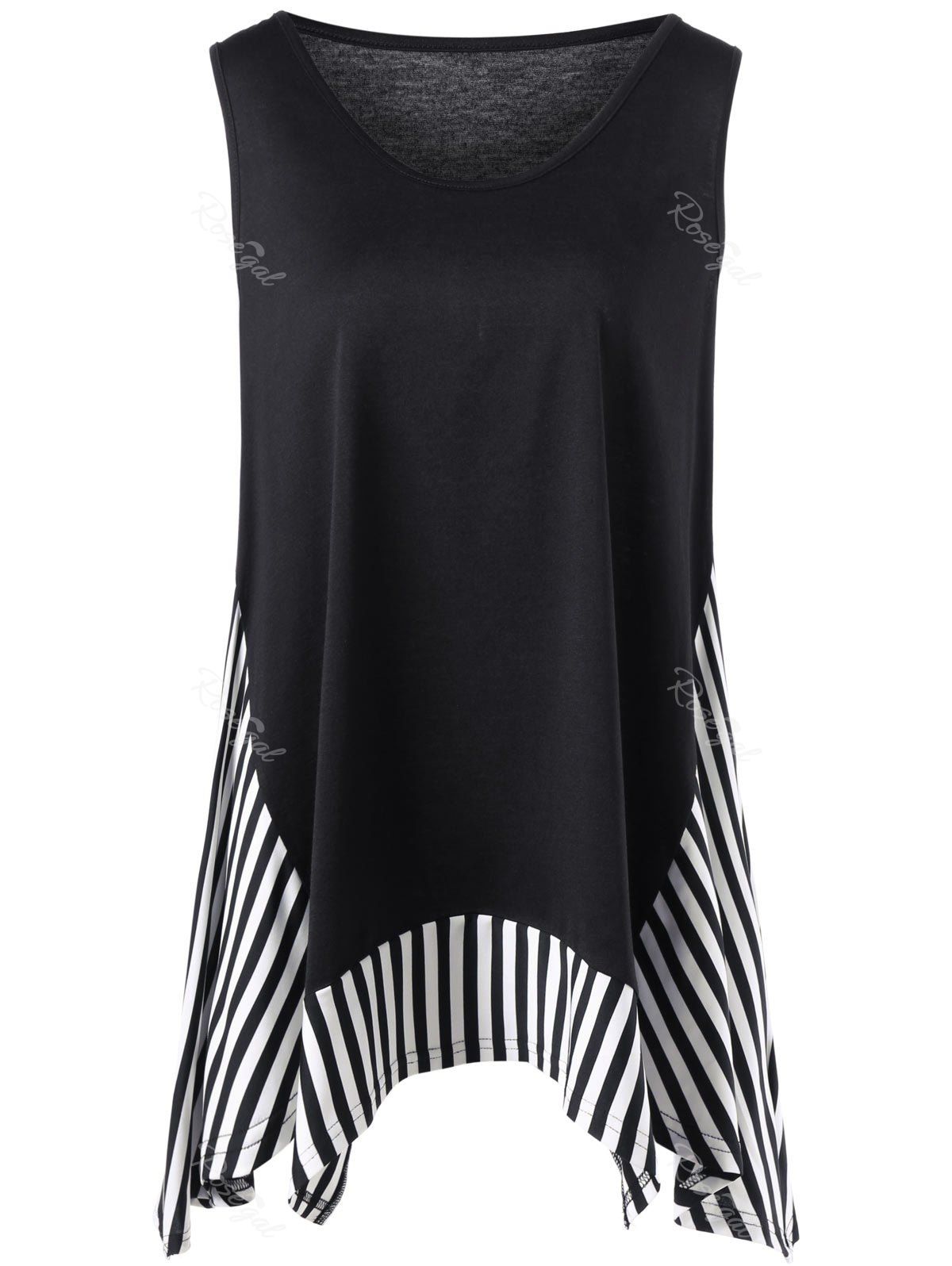 

Plus Size Sleeveless Striped Trim T-shirt, Black