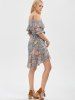 Cold Shoulder Flounce Floral Print Dress -  