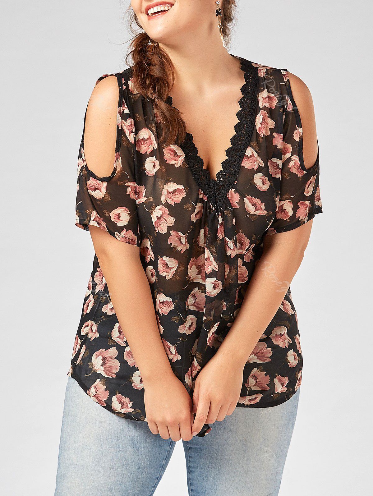 

Plus Size Deep V Neck Chiffon Floral Top with Lace Trim, Black