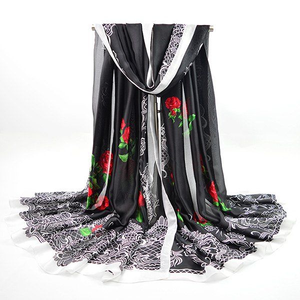 

Retro Imitation Silk Rose Printed Smooth Scarf, Black