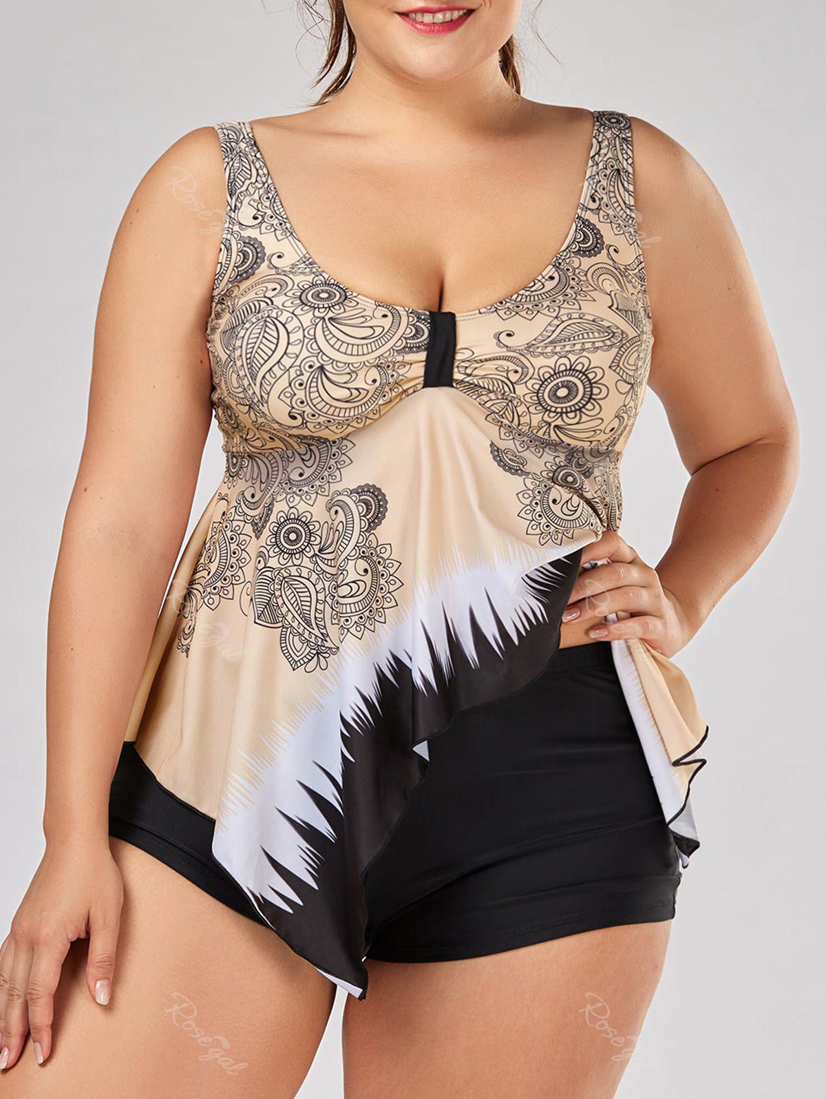 

Plus Size Printed Asymmetrical Tankini Set, Colormix