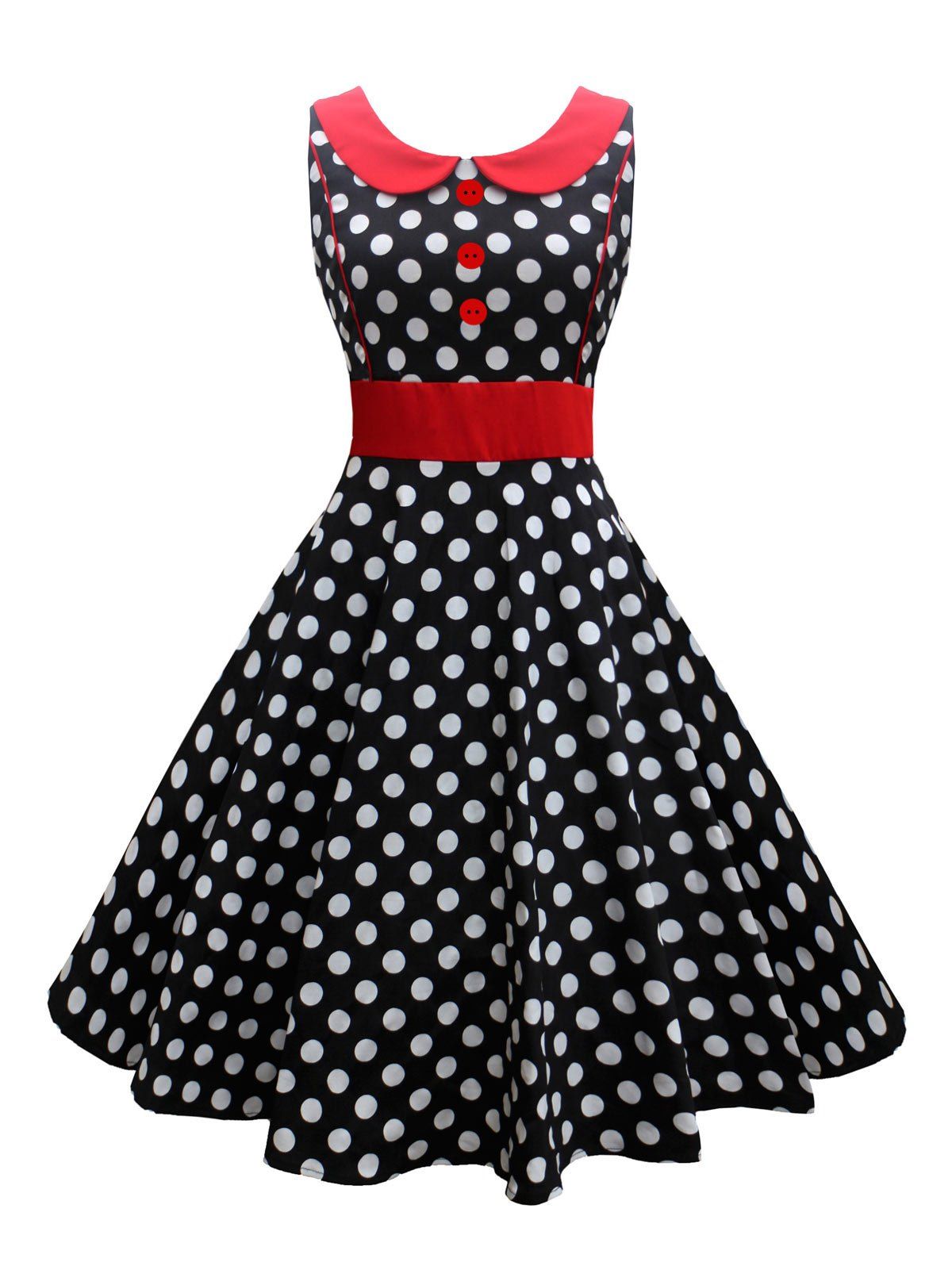 

Button Polka Dot Vintage A Line Skater Dress, Black