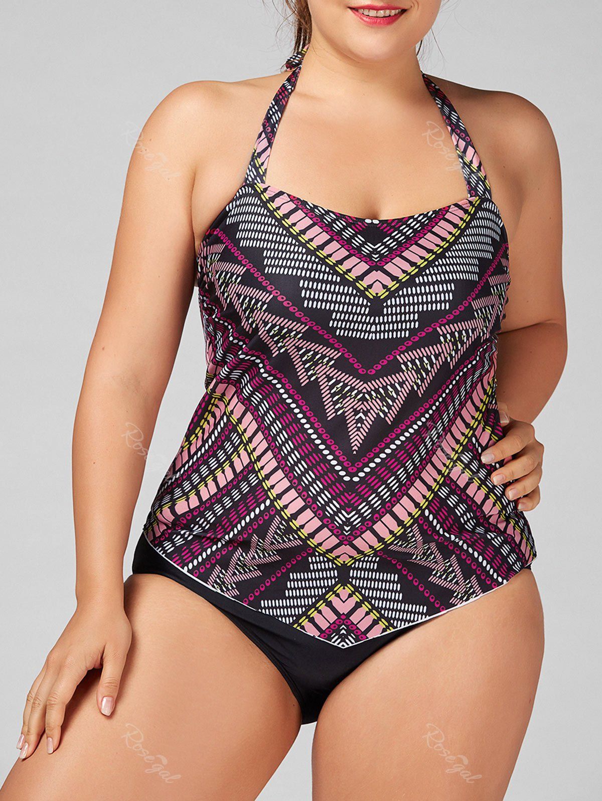 

Plus Size Halter Tribal Print Tankini Set, Colormix