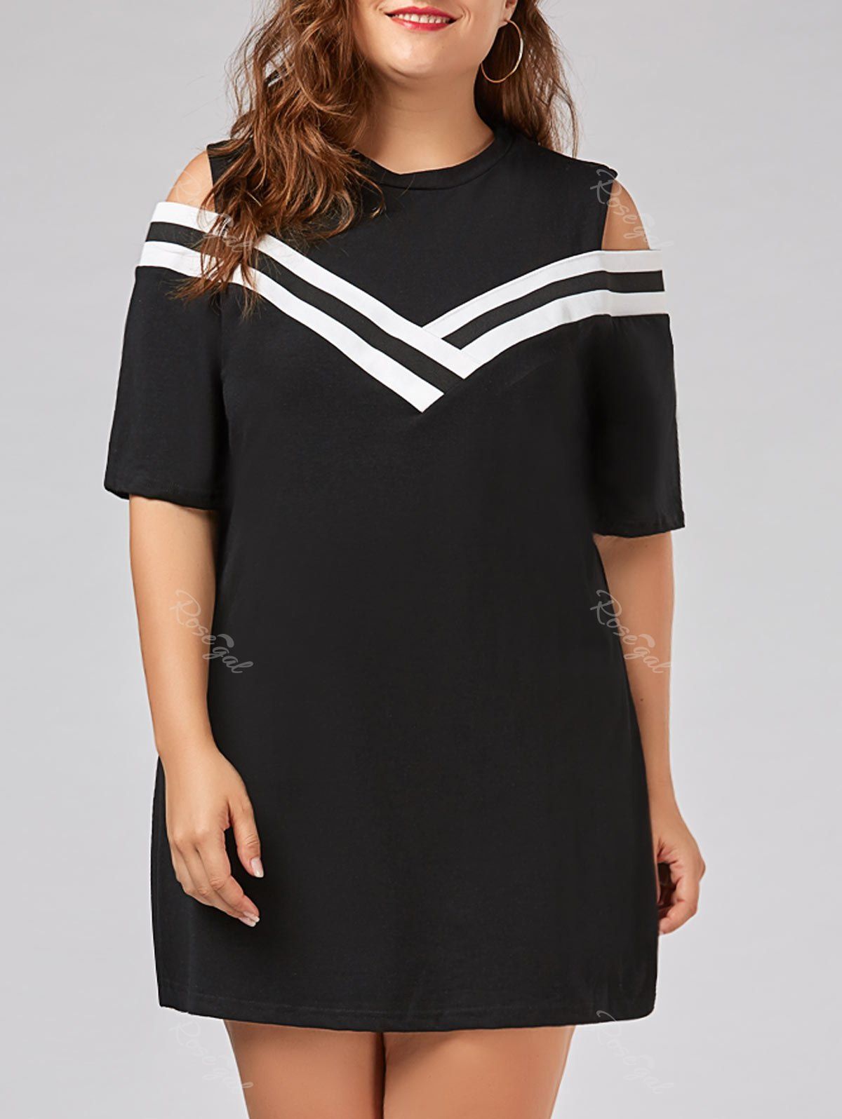 

Stripe Panel Plus Size Cold Shoulder T-shirt Dress, Black