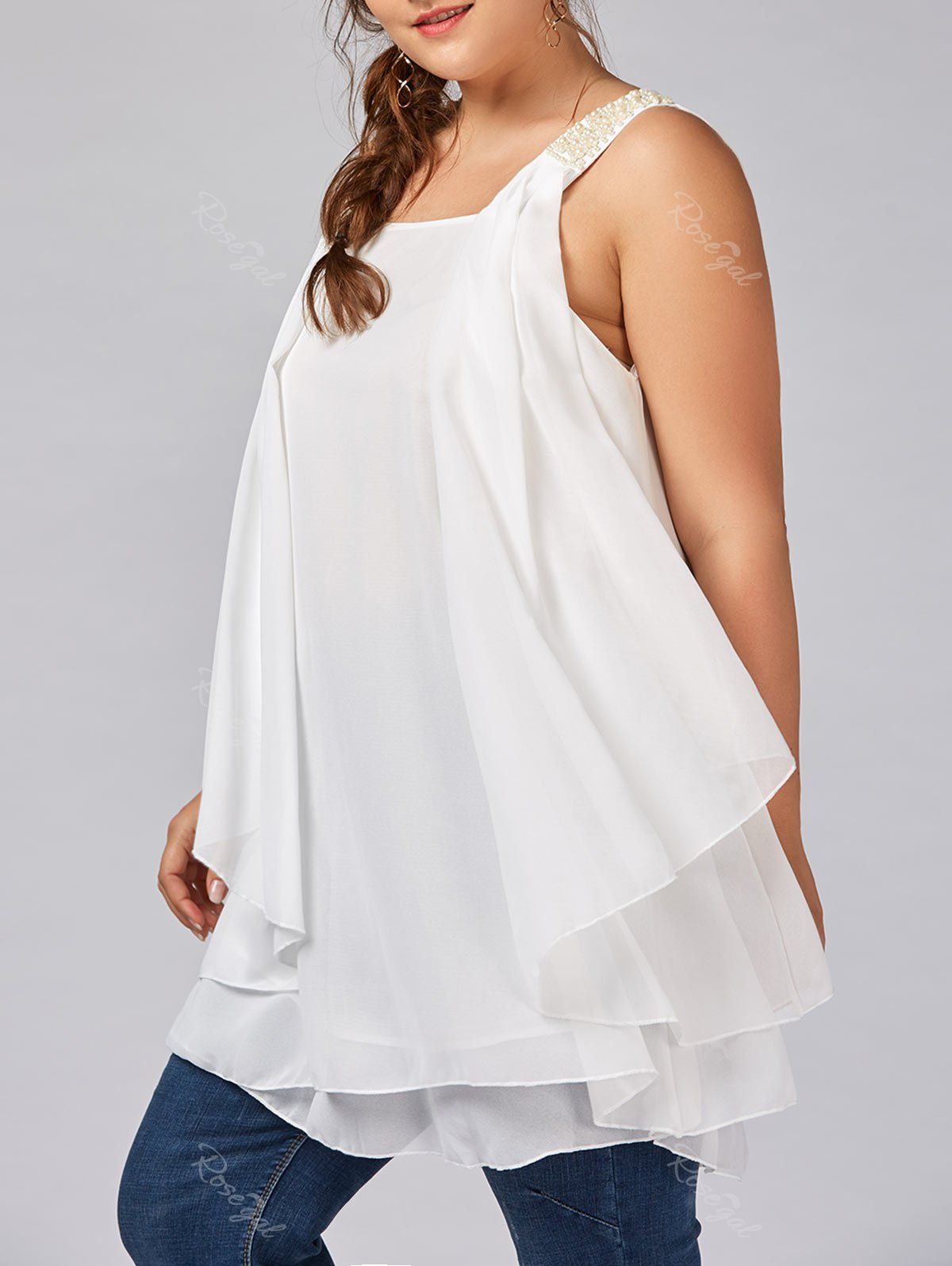 

Plus Size Beaded Layered Ruffle Chiffon Flowy Tank Top, White