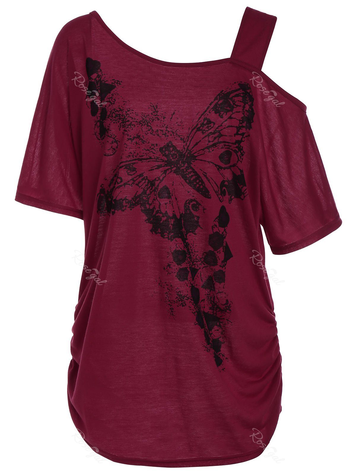 

Plus Size Skew Collar Butterfly Print Tunic Top, Red