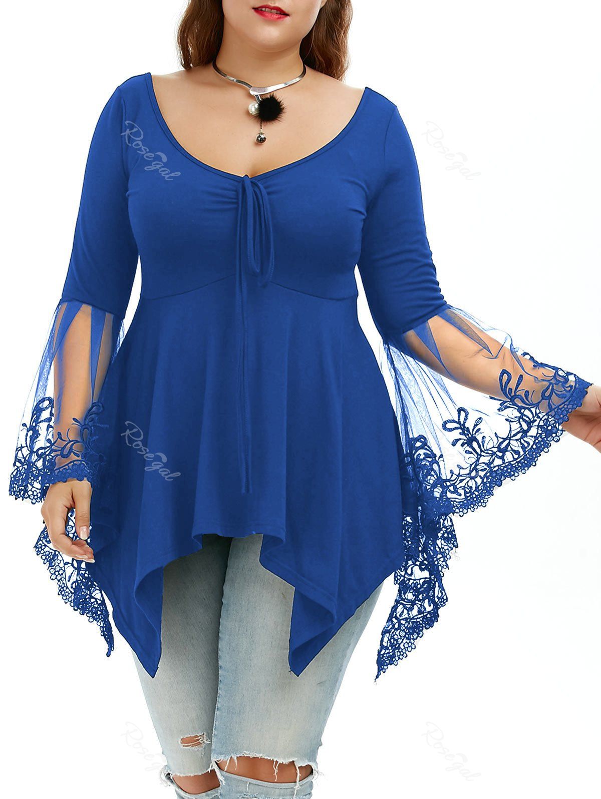 

Flare Sleeve Handkerchief Plus Size Tunic Top, Blue