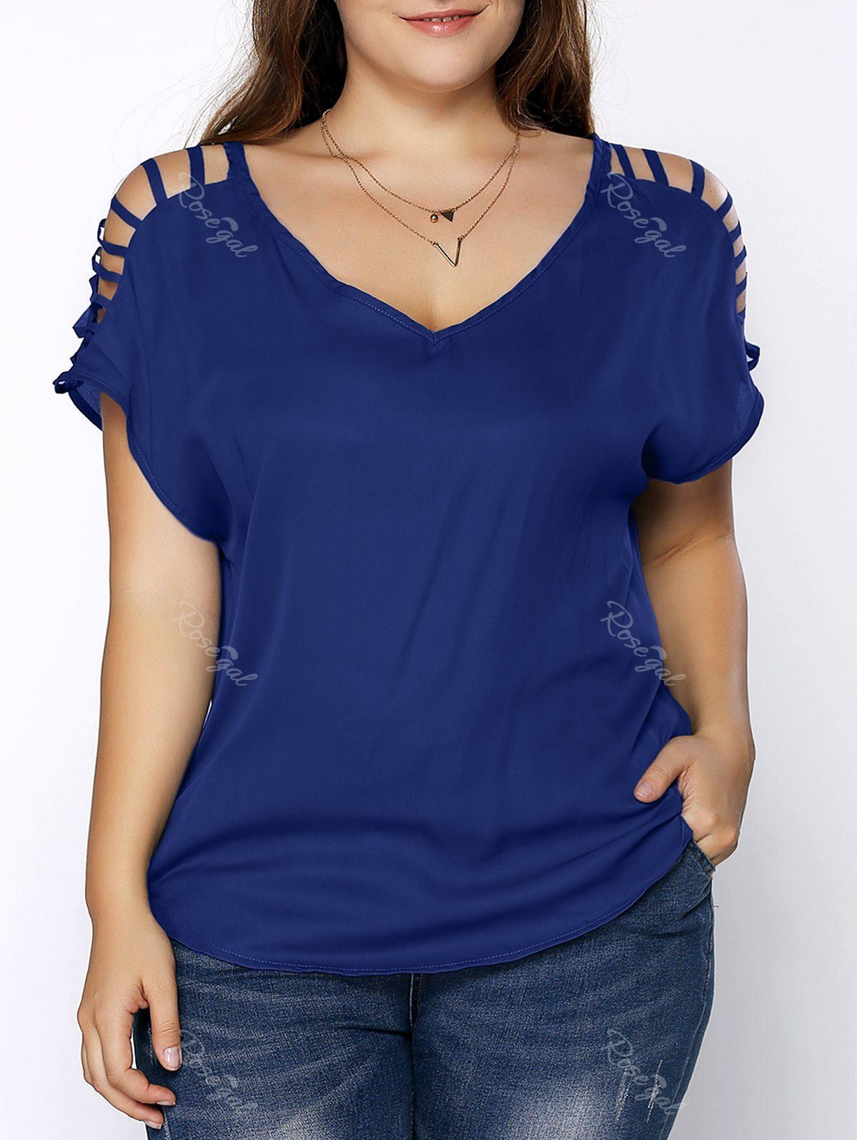 

Plus Size V Neck Ripped Sleeve Tee, Deep blue