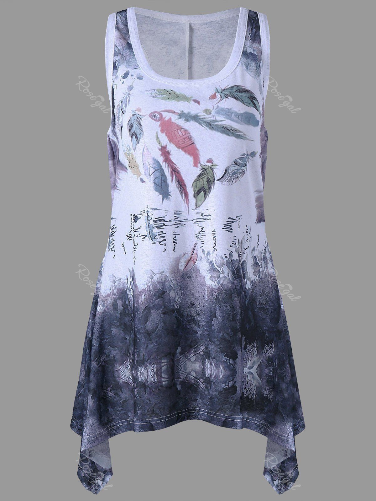 

Racerback Feather Print Plus Size Tank Top, White