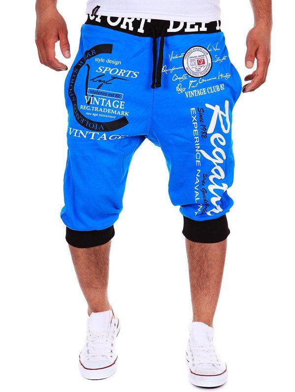 

Color Block Graphic Print Drawstring Cropped Joggers, Blue