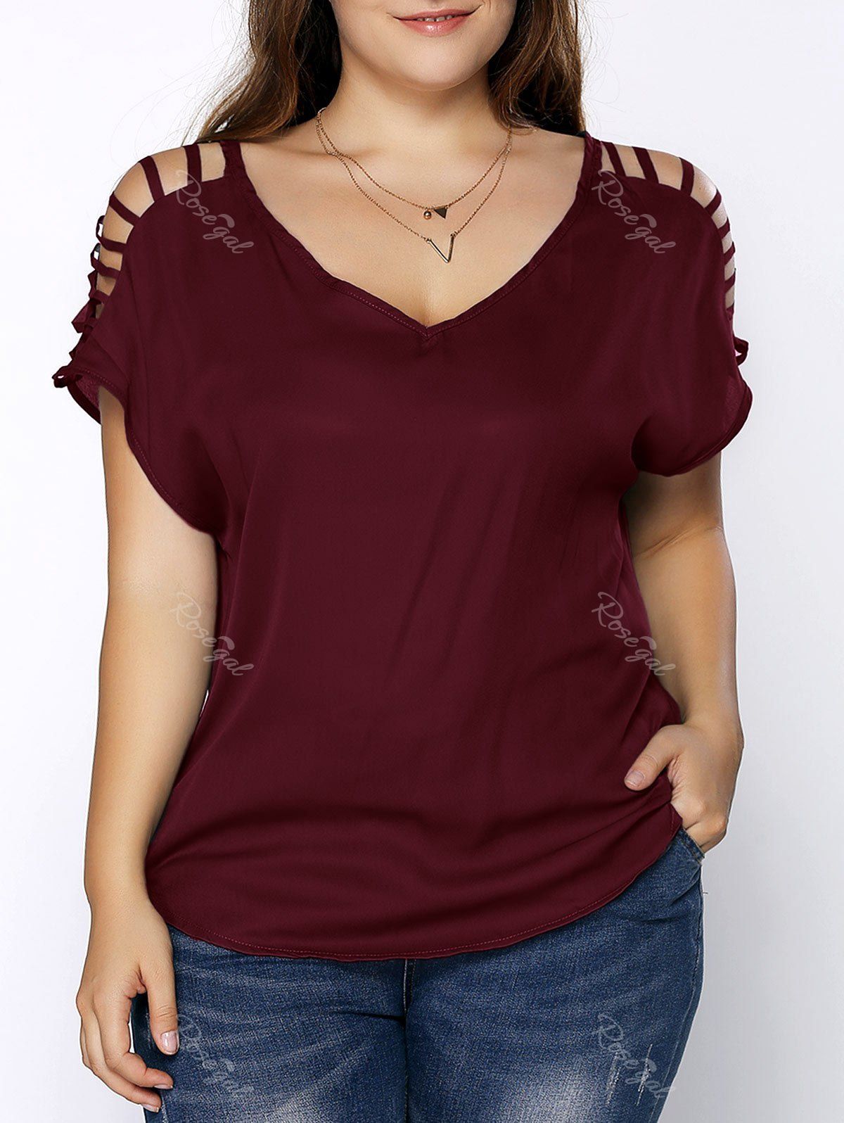 Hot Plus Size V Neck Ripped Sleeve Tee  