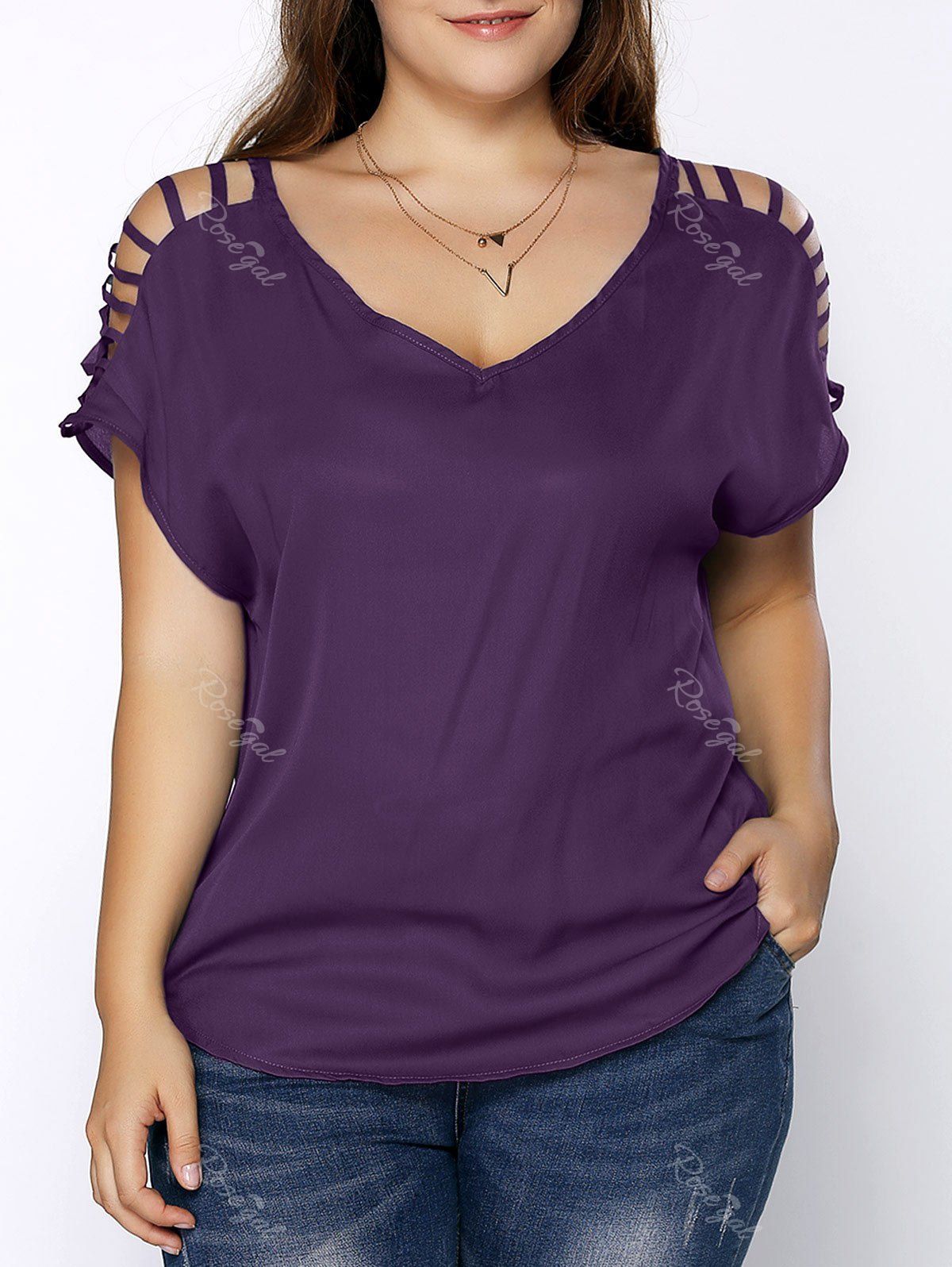 

Plus Size V Neck Ripped Sleeve Tee, Purple