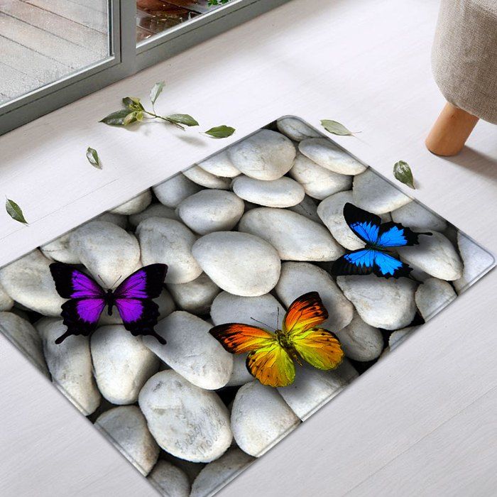 

Butterfly On The Stone Pattern Anti-skid Water Absorption Area Rug, White