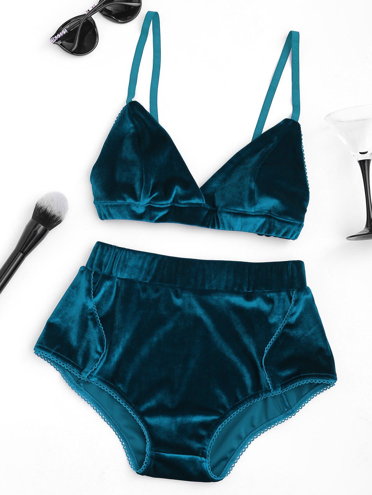 

Velvet High Waist Bra Set, Malachite green
