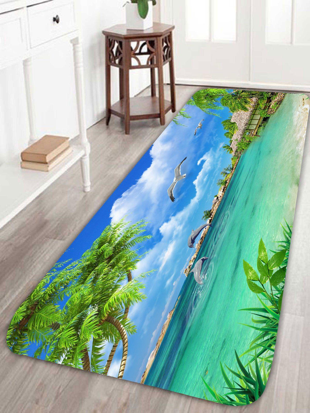 

Palm Bird Print Skidproof Beach Style Bath Rug, Blue