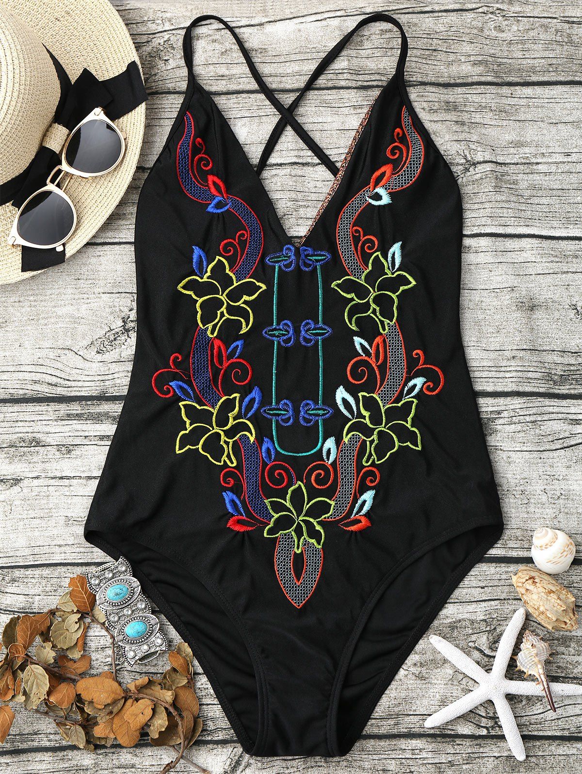 

Embroidered Lace-Up Cross Back Swimsuit, Black
