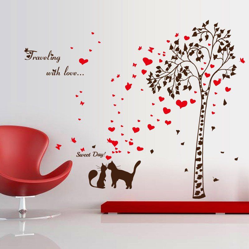 2019 tree heart butterfly lover cat vinyl wall sticker | rosegal