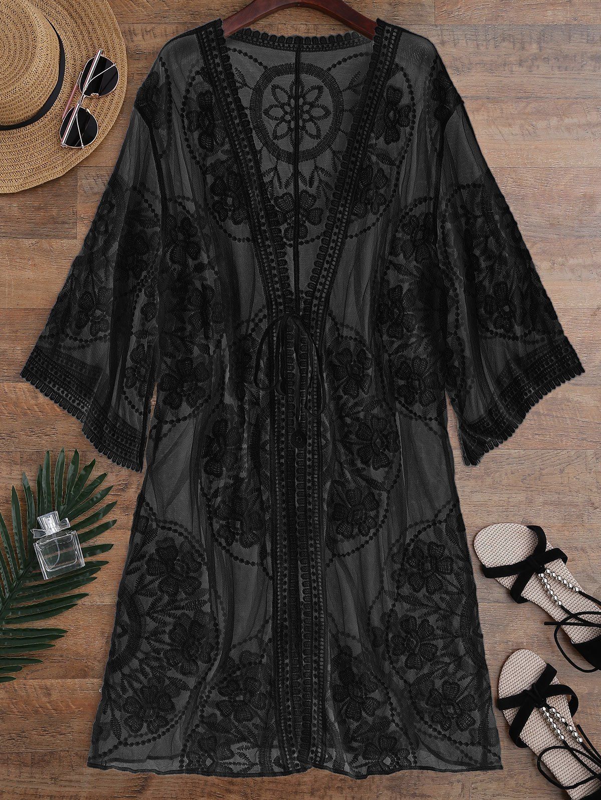 [35 OFF] Embroidered Sheer Kimono Cover Up Rosegal