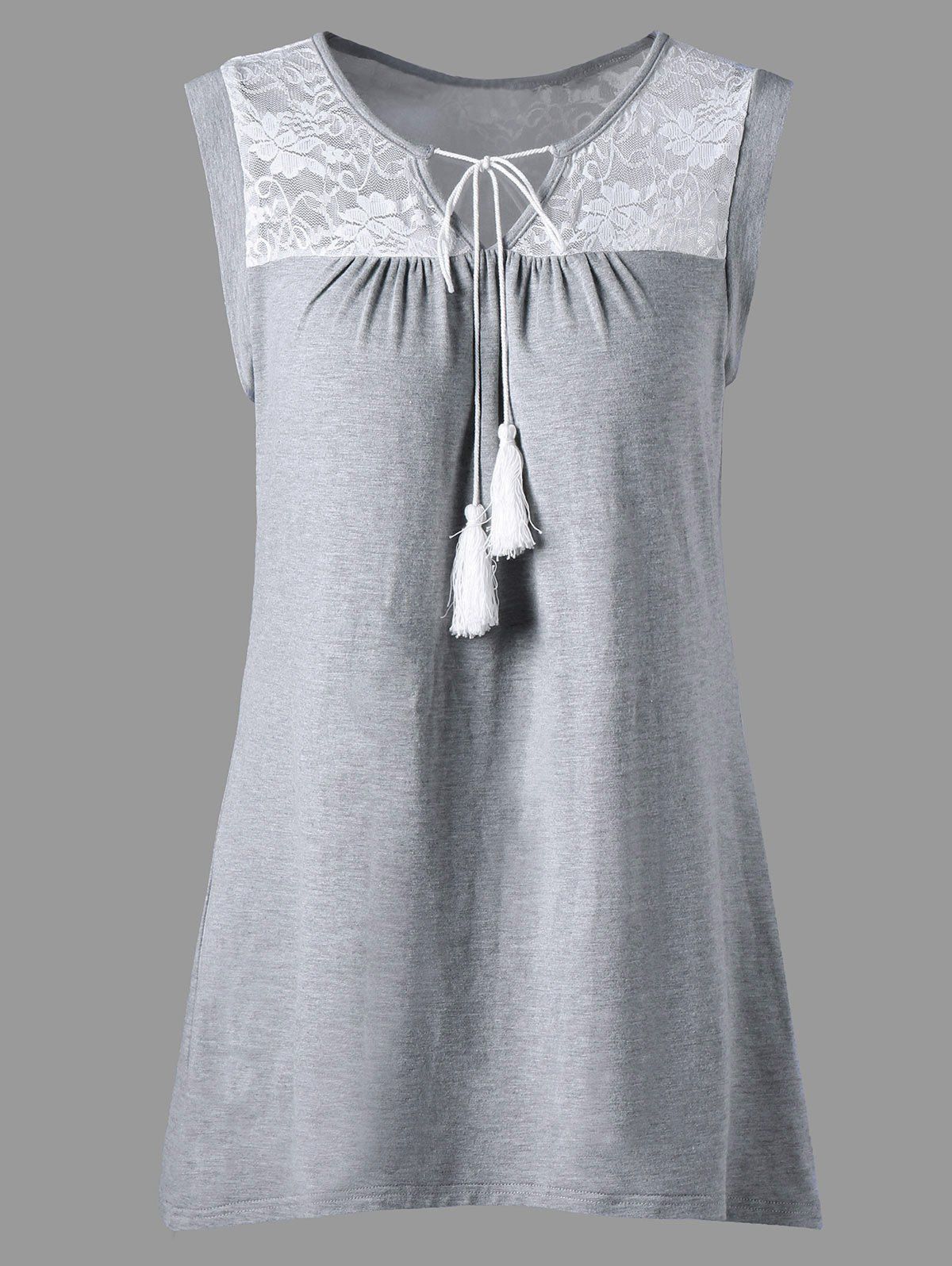 

Sleeveless Sheer Lace Yoke Tunic Top, Gray