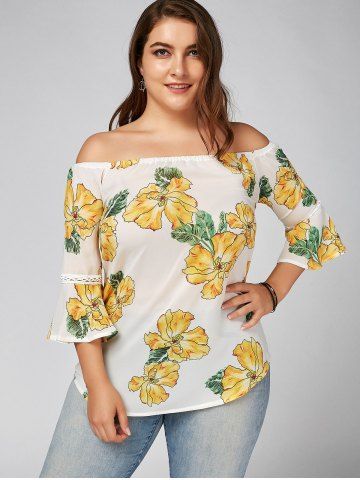 

Plus Size Chiffon Off The Shoulder Floral Hawaiian Blouse, White