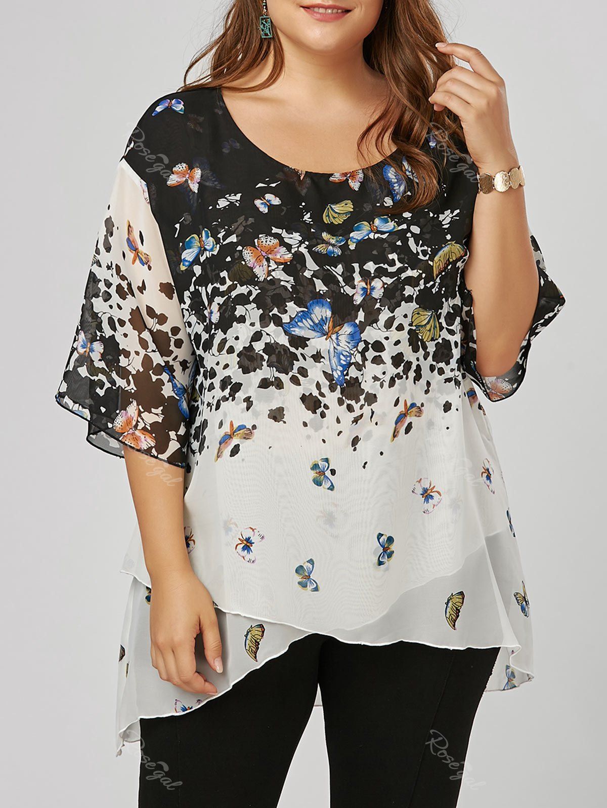 

Plus Size Butterfly Pattern Overlap Blouse, Colormix