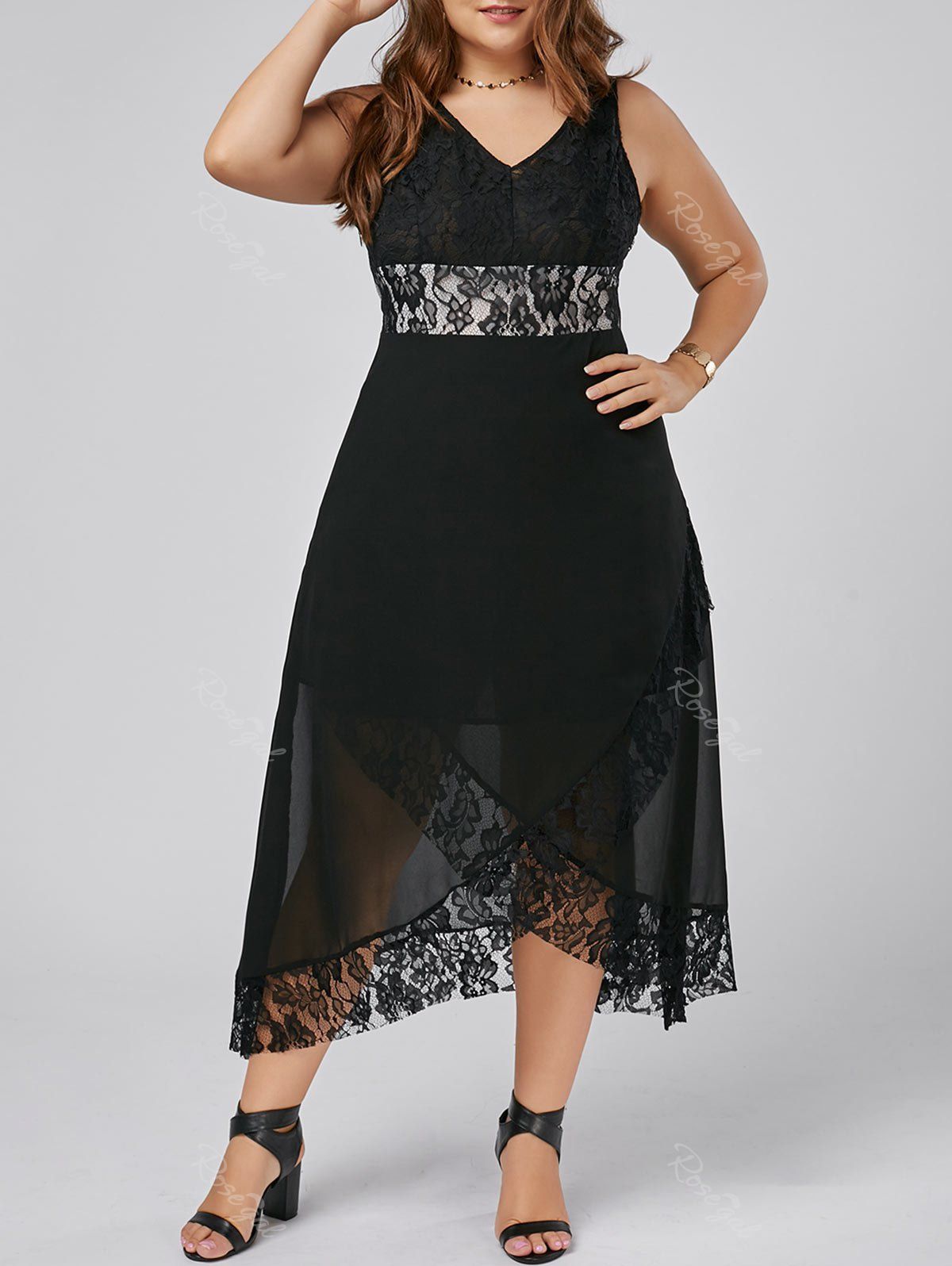 Black 5xl Lace Trim Plus Size Tea Length Cocktail Dress | RoseGal.com