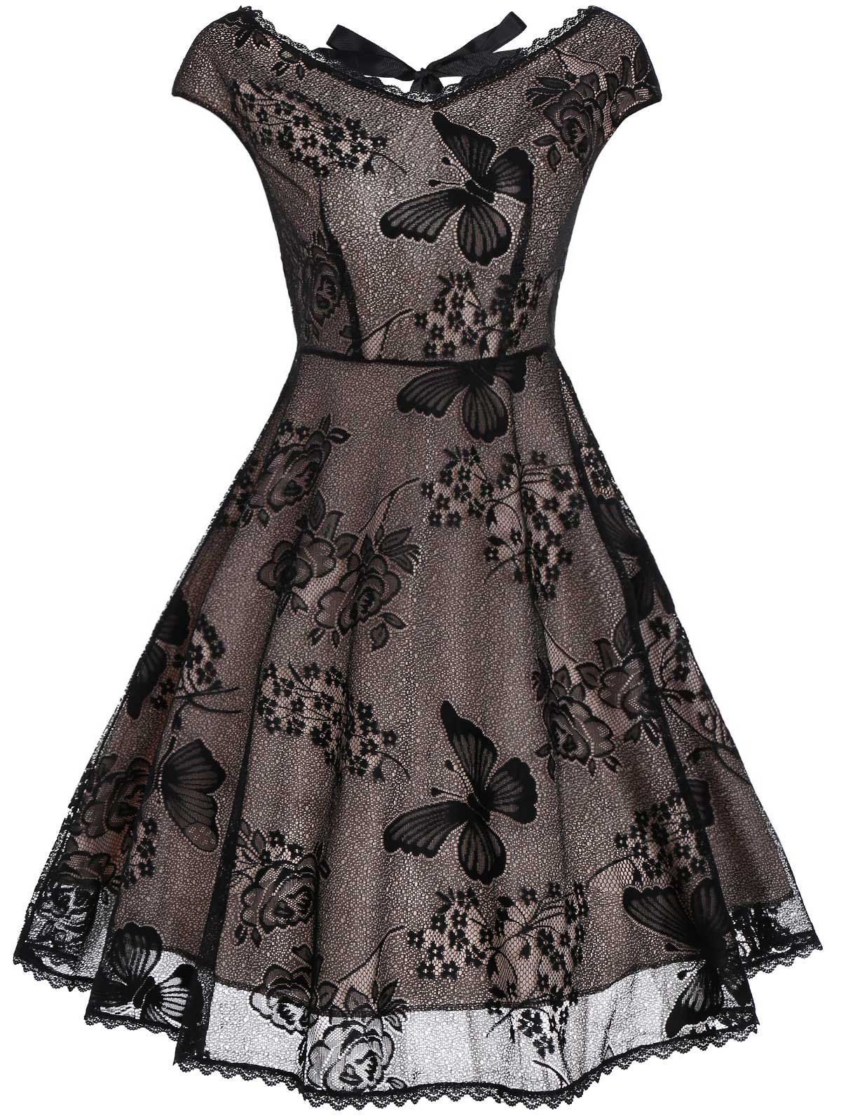 

Back Cutout Lace Vintage Fit and Flare Dress, Black